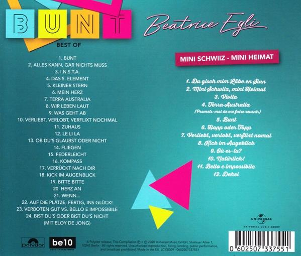 Ein CD-Cover mit Titellisten und Künstlernamen. Verschiedene Farben und Formen bilden ein Design.