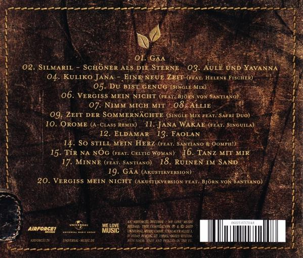 Rückseite einer CD-Hülle mit Songtiteln und Credits. Es ist braun mit Text.