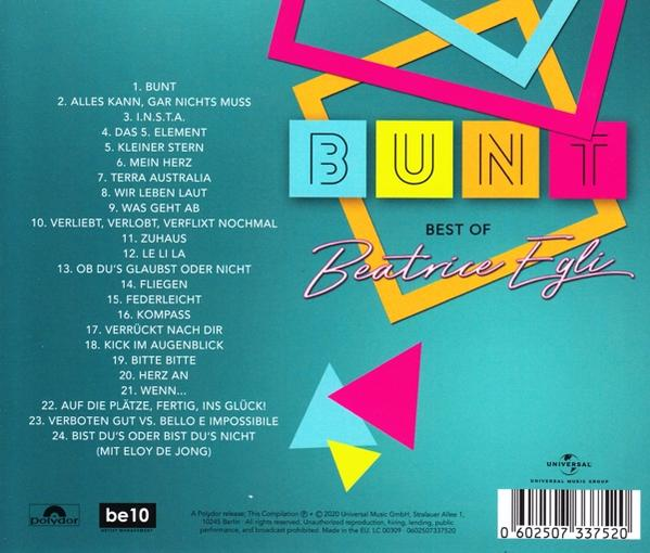 Rückseite einer Musik-CD, farbenfrohes Design, Beatrice Egli.