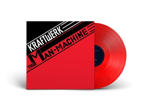 Kraftwerk 'The Man-Machine' Album, rote Vinyl-Schallplatte, schwarz-rotes Cover.