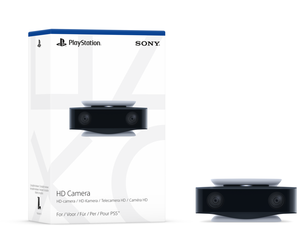 PlayStation HD Camera in een witte doos, met een close-up van de camera.