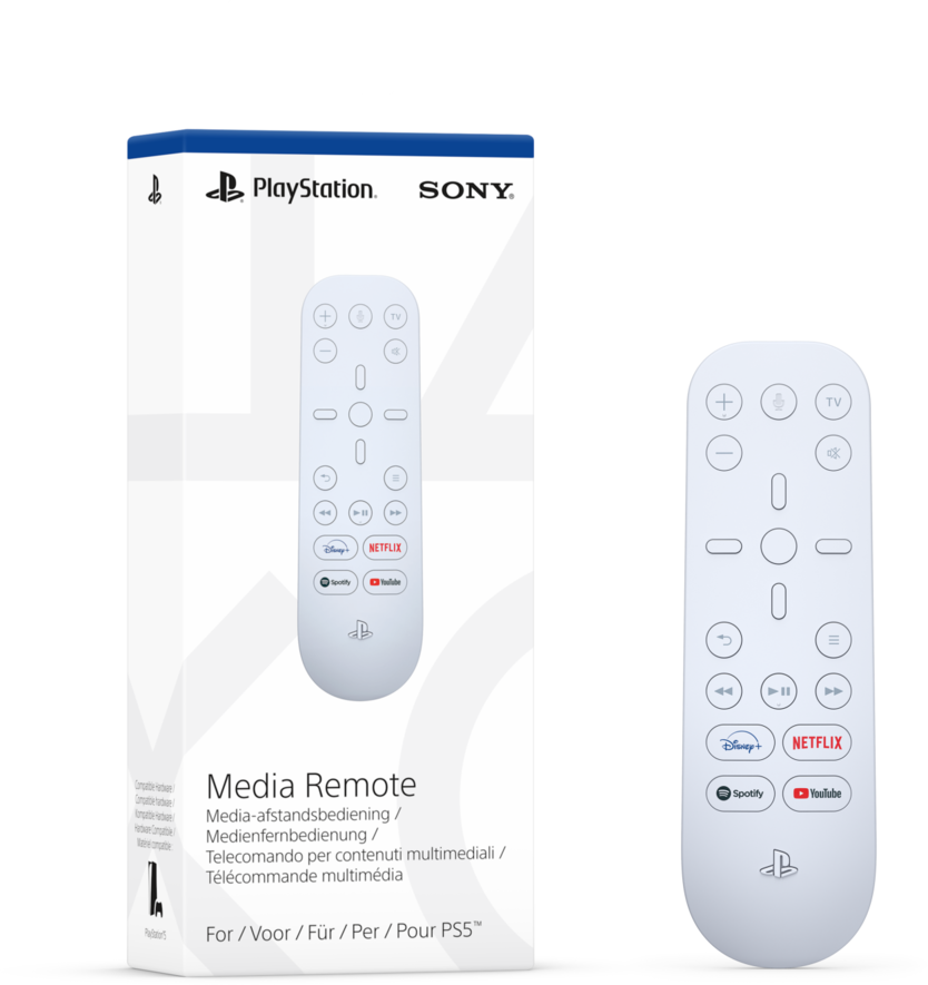 PlayStation Media Remote in a box and displayed separately. White design.