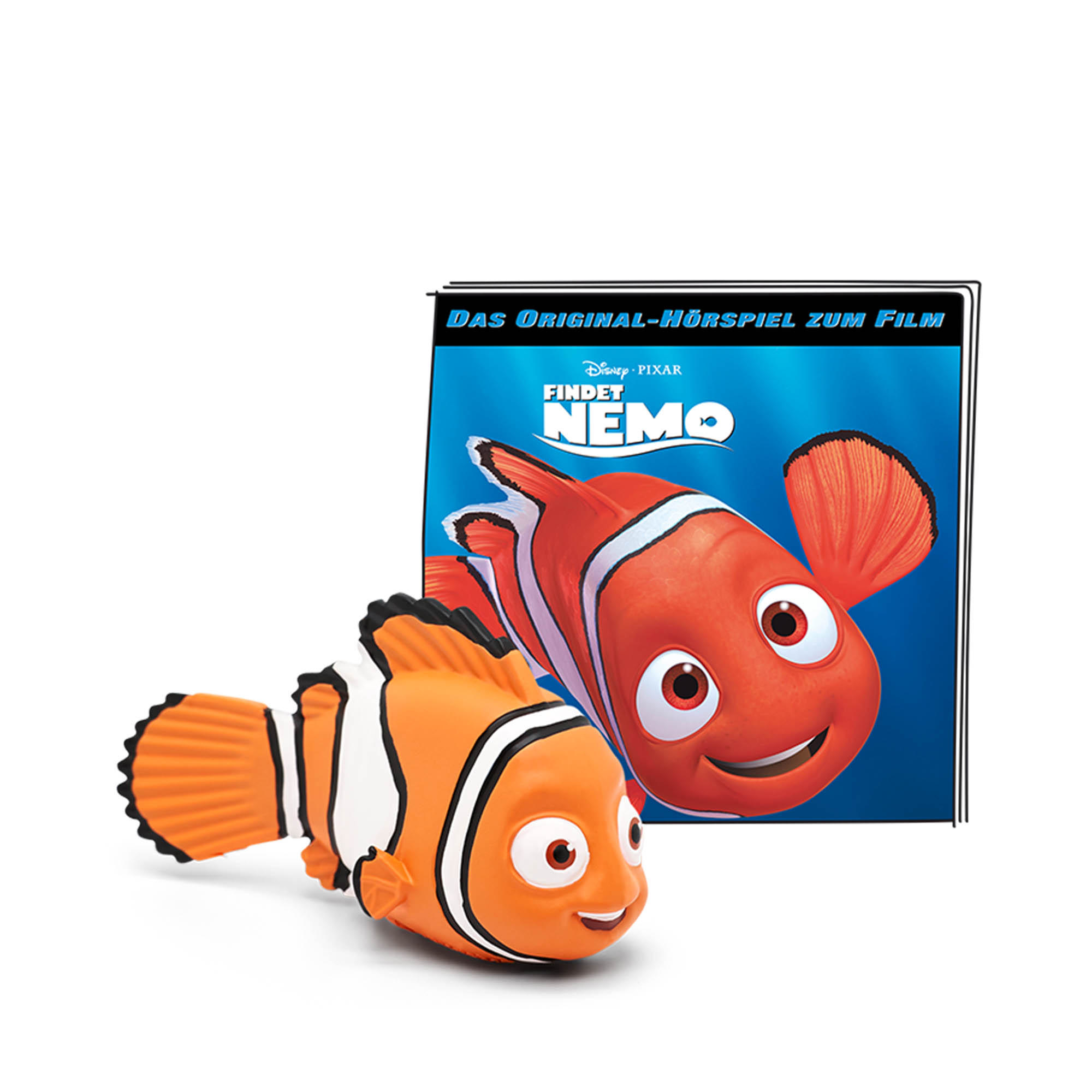 Zwei Zeichentrickfische, Nemo und ein anderer. Ein blauer Umschlag lautet 'Das Original-Hörspiel zum Film findet Nemo'.
