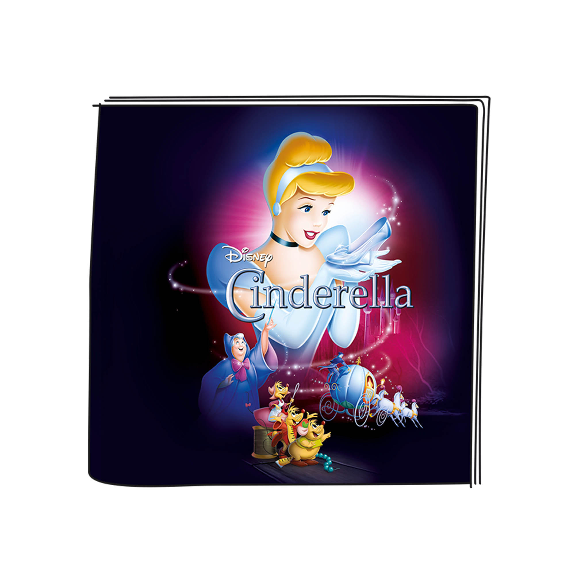 Cinderella-Illustration mit dem Disney-Logo. Sie trägt ein blaues Kleid und eine Kutsche.