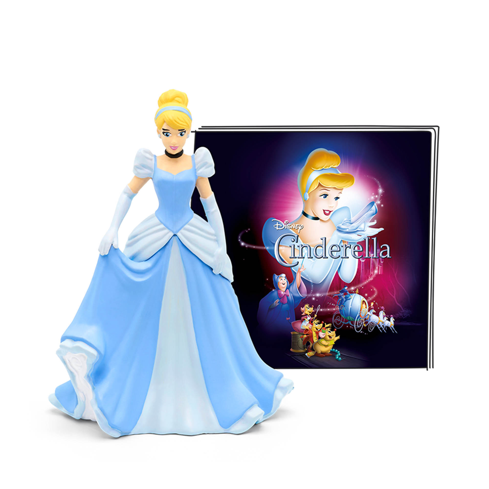 Cinderella-Puppe in blauem Kleid neben einem Cinderella-Filmcover. Das Cover zeigt eine Kutsche.