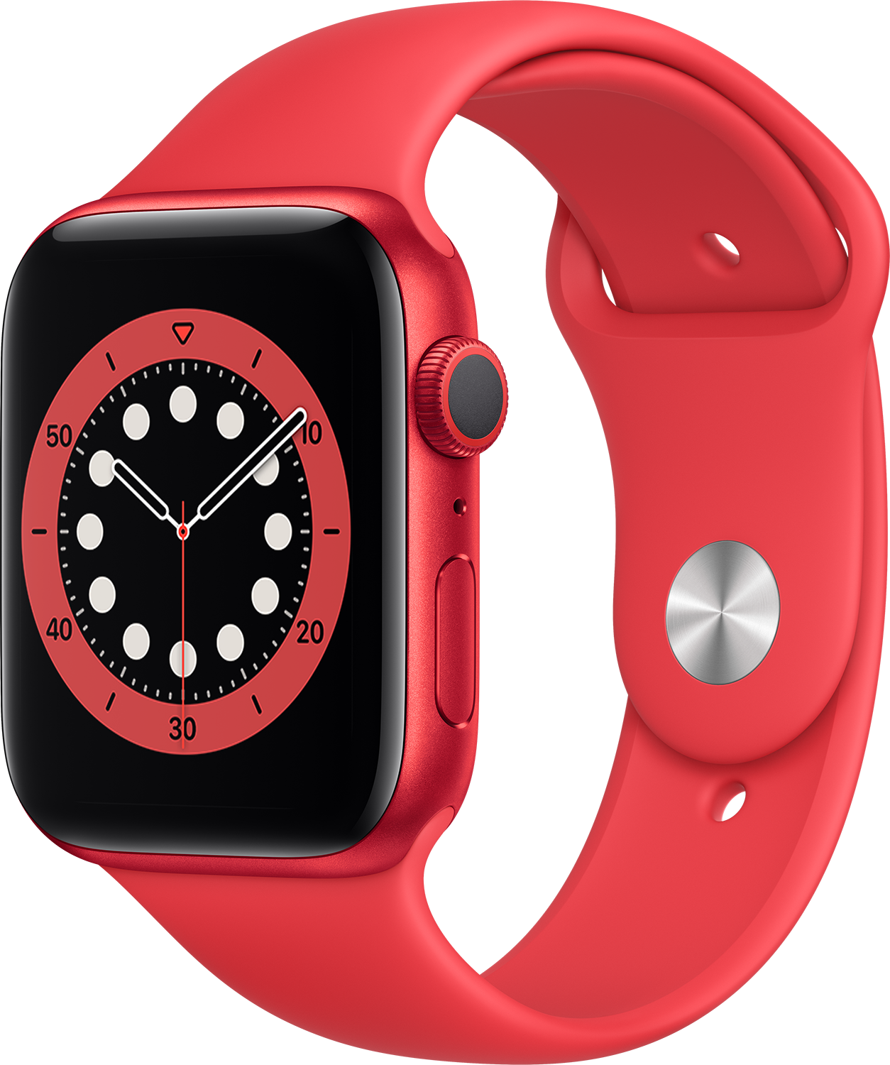 Rode Apple Watch met zwarte wijzerplaat die de tijd aangeeft en rode band.