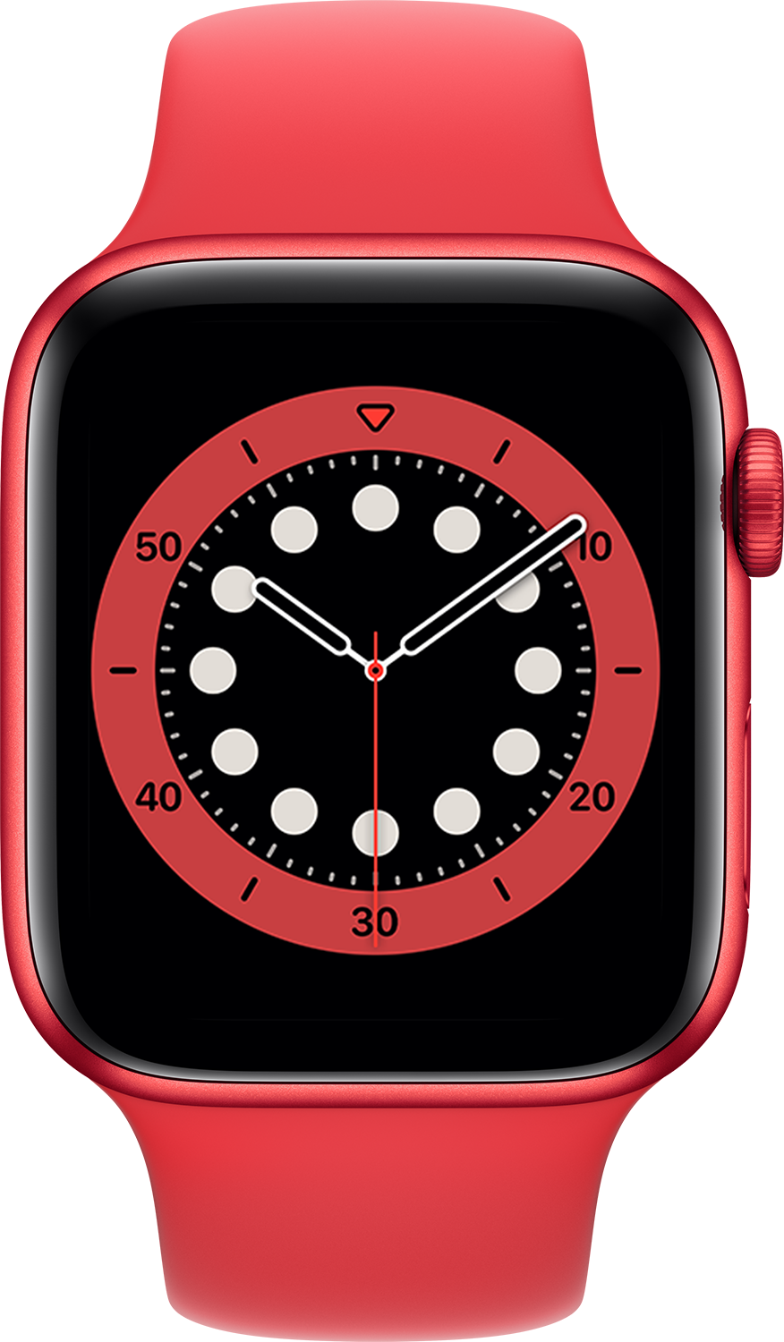 Rode Apple Watch met een rode band, geïsoleerd op een witte achtergrond.
