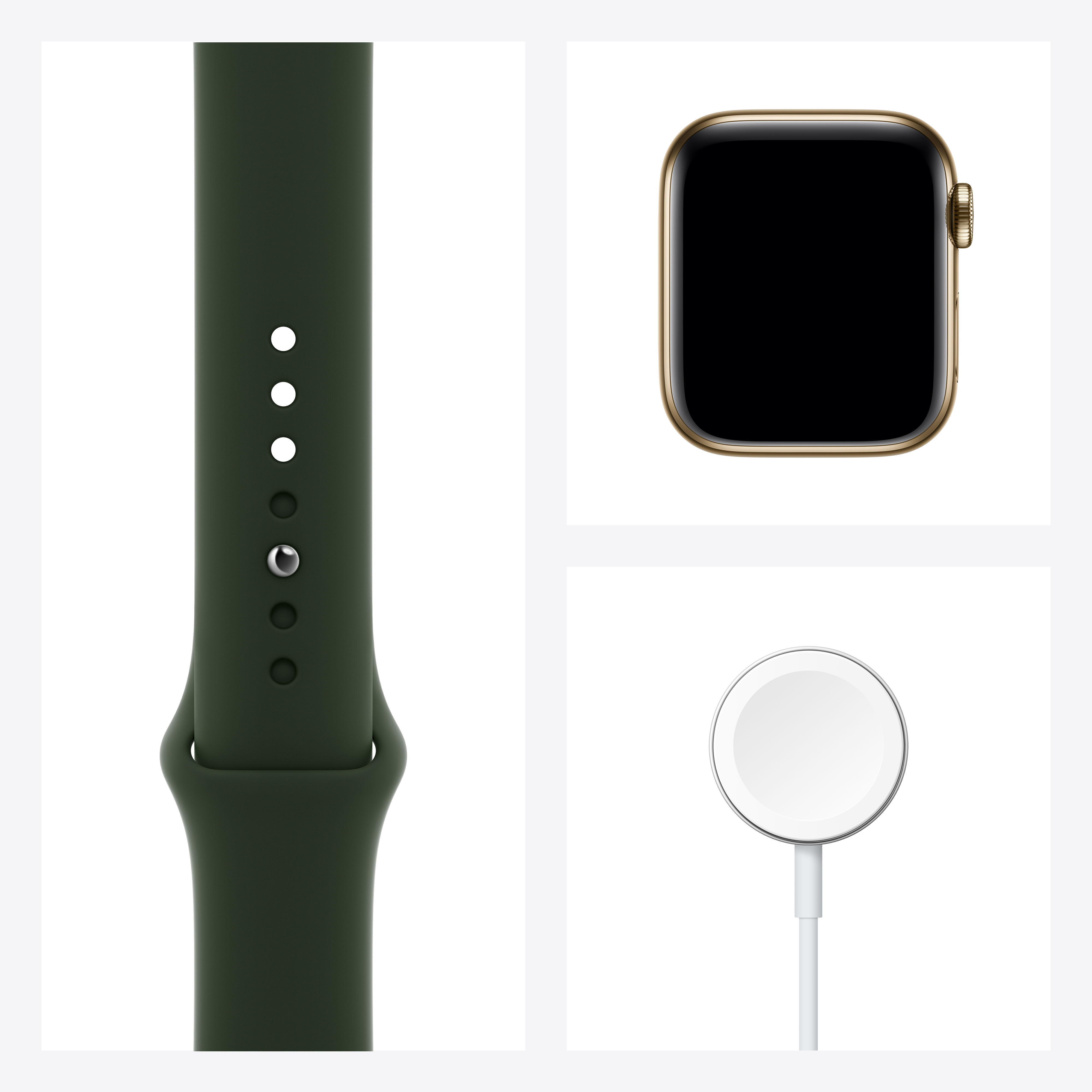 APPLE Watch Series 6 (GPS + Cellular) 40mm Smartwatch Edelstahl Fluorelastomer, 130 - 200 mm, Armband: Zyperngrün, Gehäuse: Gold