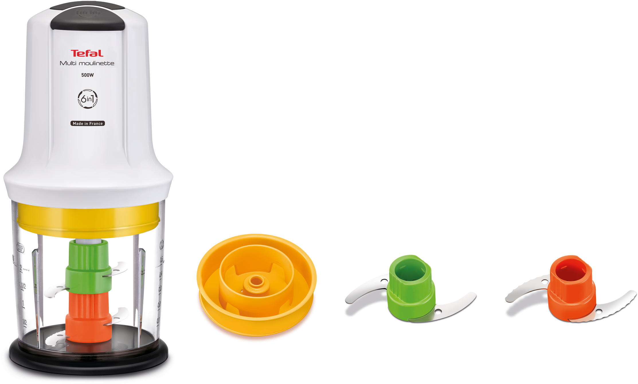 Egy Tefal Multi moulinette konyhai robotgép látható. Tartalmazza a főegységet, a tartozékokat és a pengéket, mindezt fehér háttéren.
