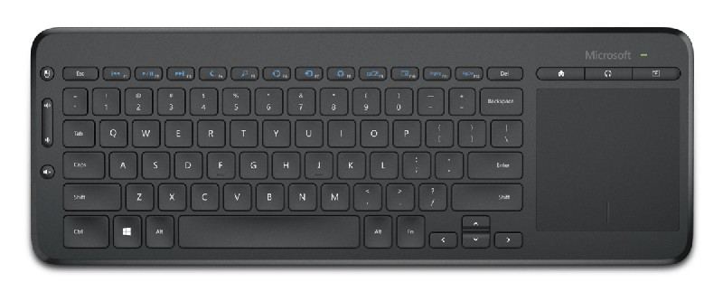 Teclado Microsoft negro con panel táctil integrado y teclas de función.