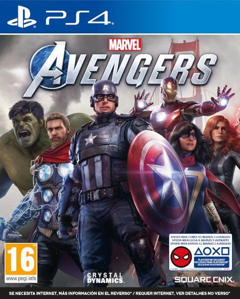 Portada del juego Marvel's Avengers con múltiples héroes, incluyendo Iron Man y Capitán América.