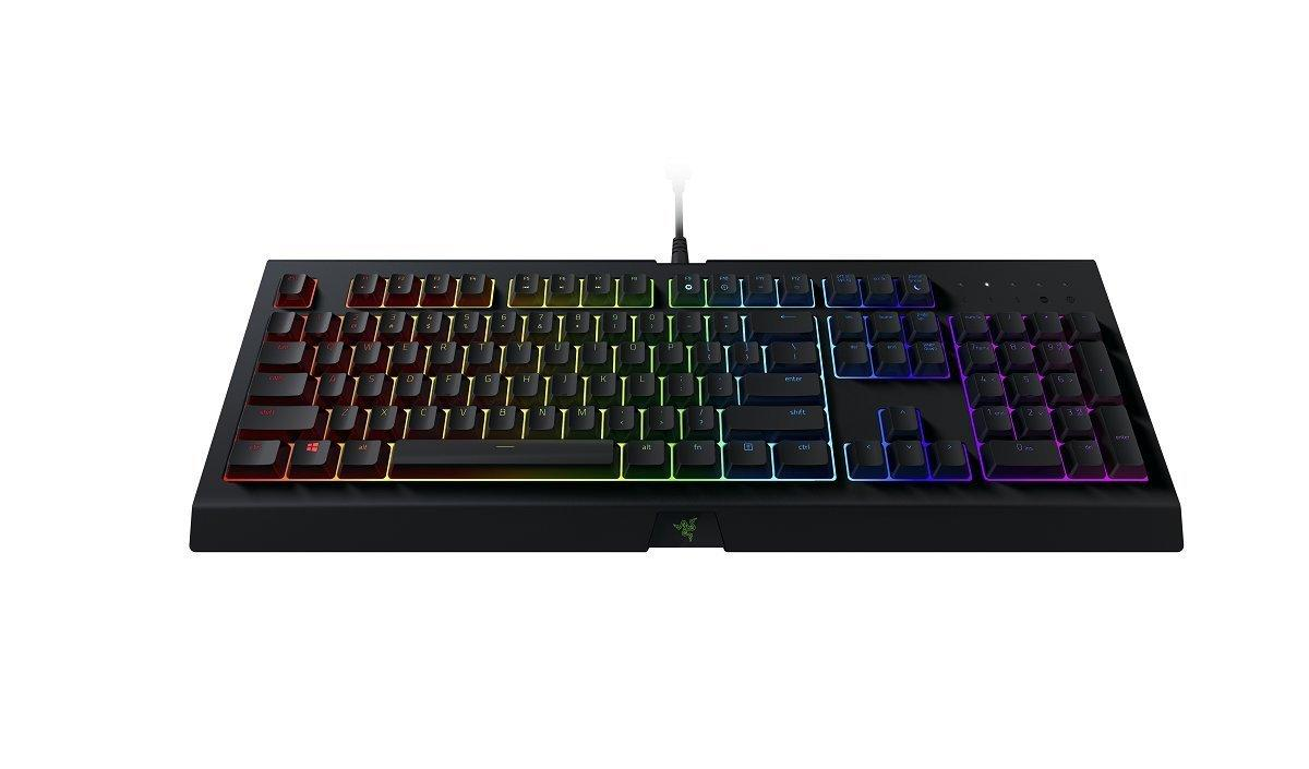Teclado negro con teclas multicolores iluminadas y marco negro, desde arriba.