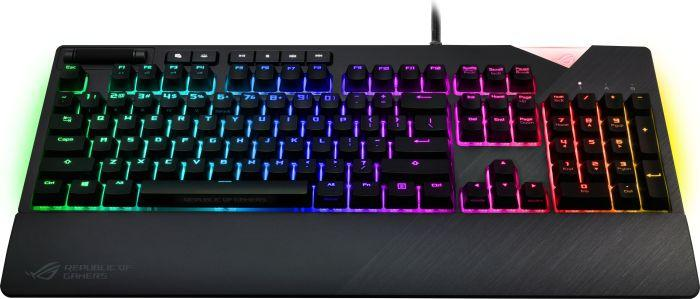 Teclado negro con teclas arcoíris, base negra y logotipo ROG.