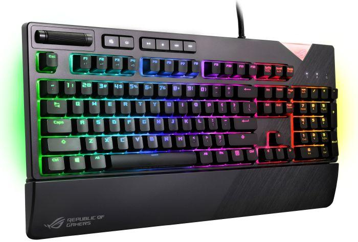 Teclado de juego negro con luces de colores en las teclas y la base con la marca.