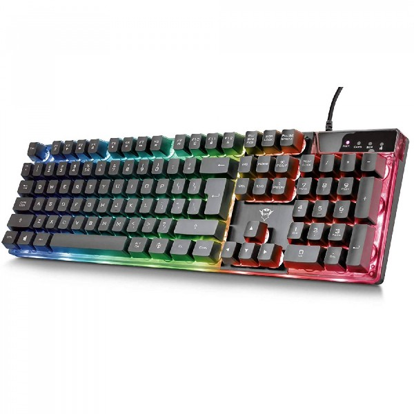 Un teclado negro con iluminación colorida, que muestra letras, números y teclas especiales.