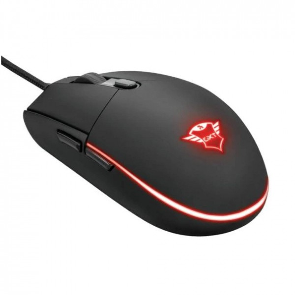 Ratón para juegos negro con detalles de luz roja y cable, que muestra el logotipo de la marca.