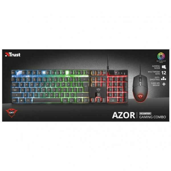Un combo de teclado y ratón para juegos, con luces LED de colores y acabado negro.