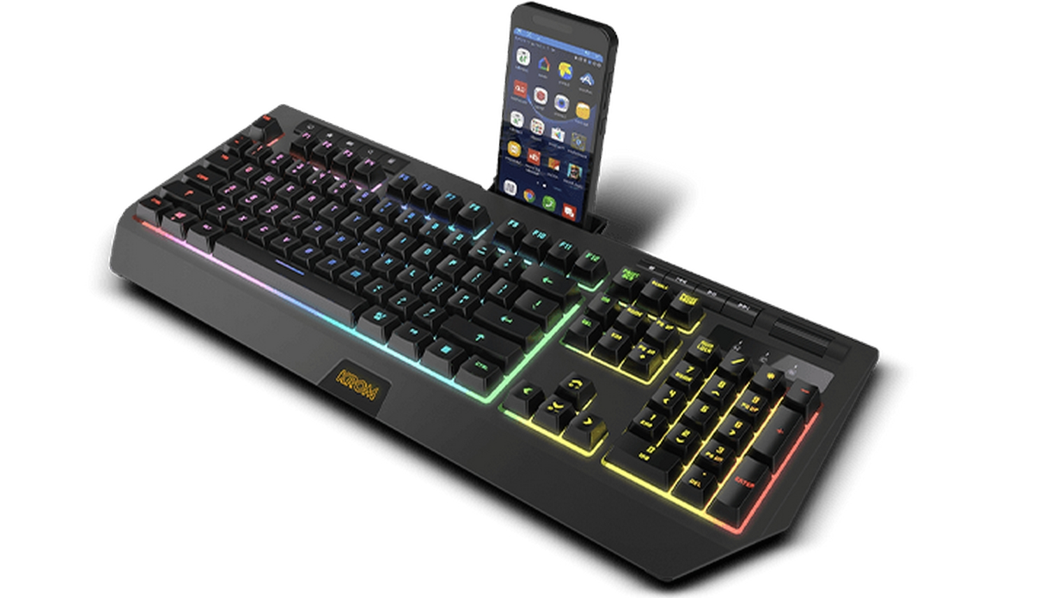 Teclado gaming - Krom Kuma, USB, Retroiluminado, Soporte para móvil, QWERTY, 1.5m, Anti-ghosting, Negro