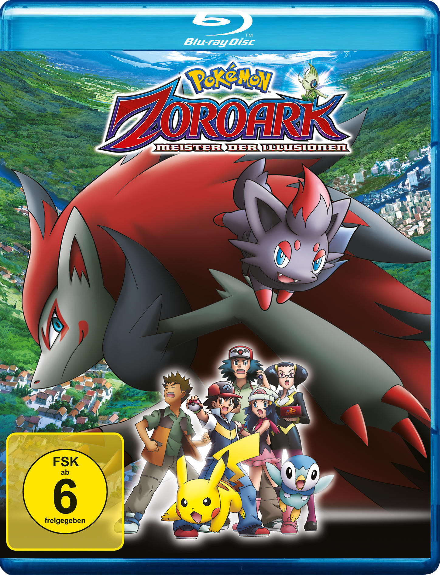 Pokémon Zoroark DVD-Cover. Verschiedene Charaktere sind abgebildet. Das Bild ist blau.