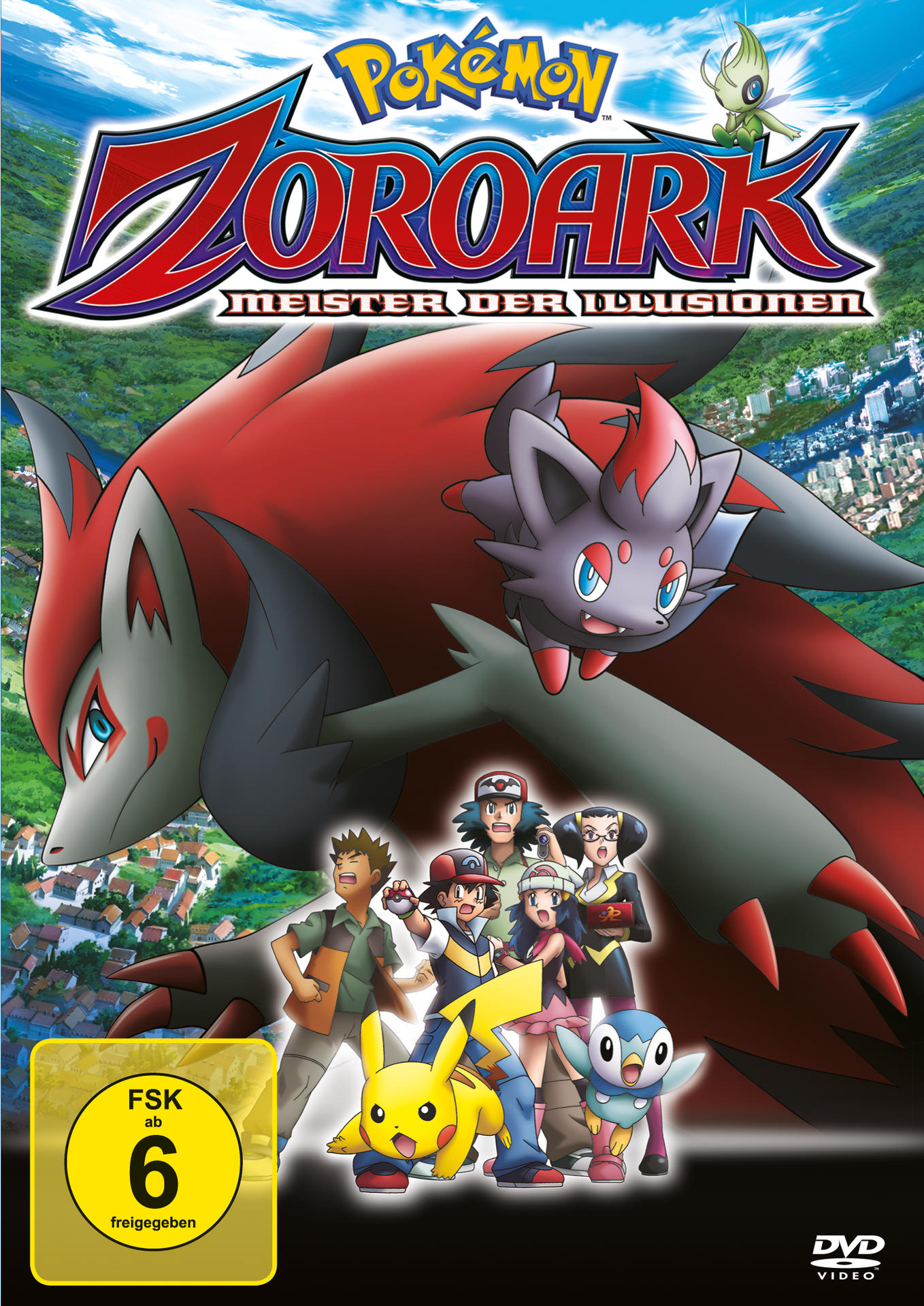 Pokémon DVD-Cover: Zoroark, mehrere Charaktere, Stadt-Hintergrund. Titel: Meister der Illusionen.
