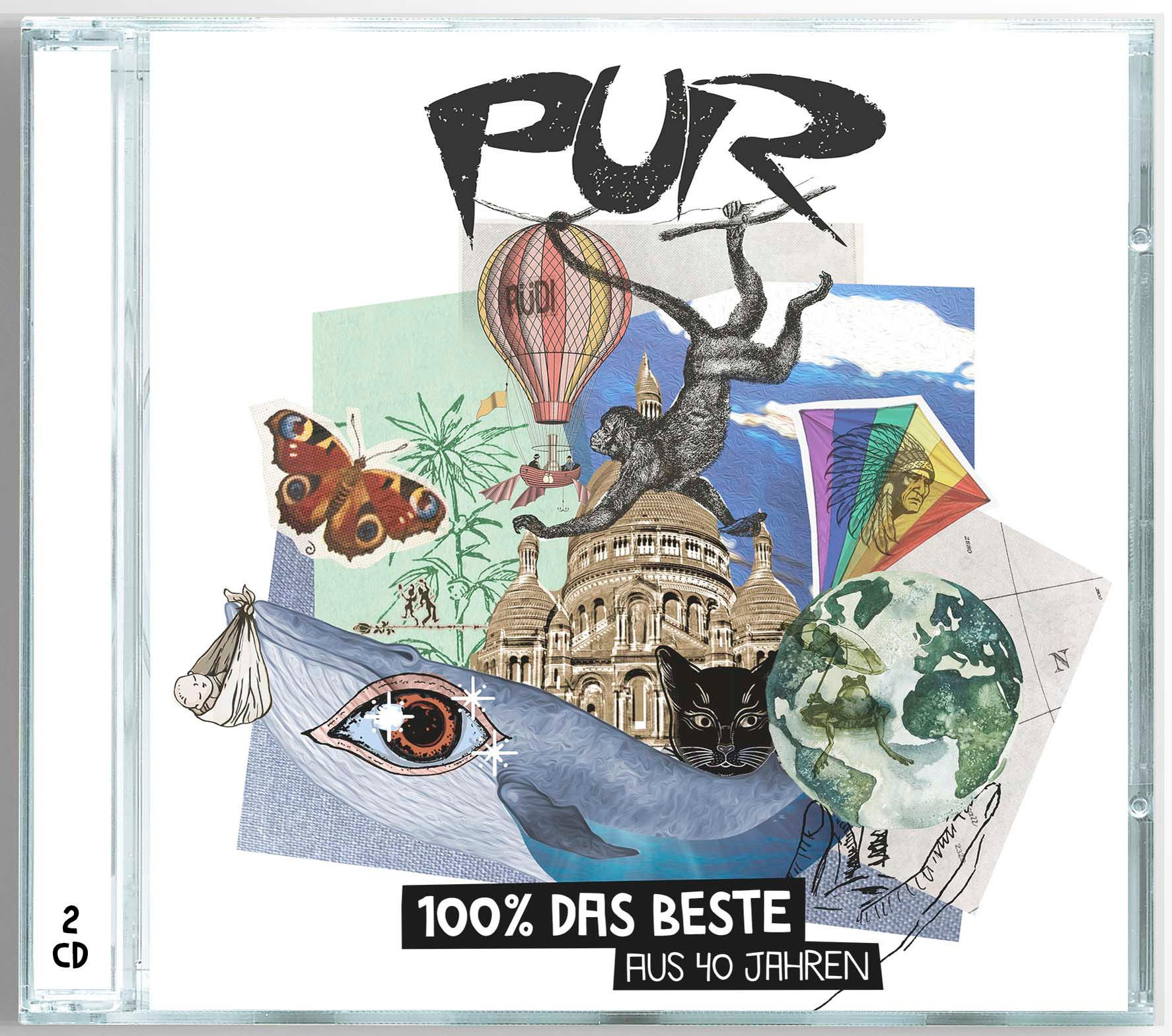 Ein CD-Cover mit einer Collage von Illustrationen, darunter ein Wal, ein Schmetterling und ein Affe über einer Kirche.