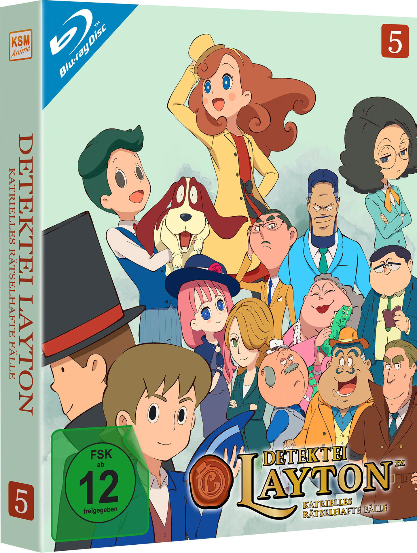 DVD-Cover eines Cartoons mit mehreren Charakteren. Titel: Detektive Layton, auf Deutsch.