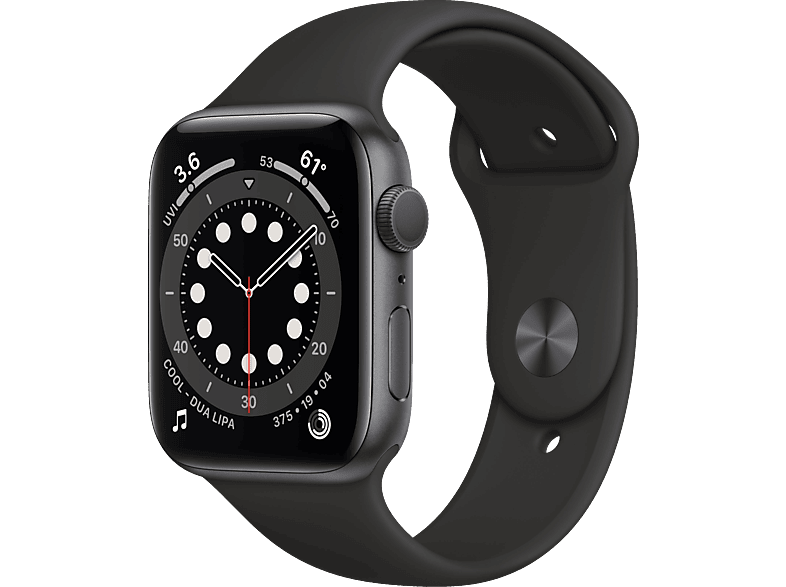 Smartwatch Apple Watch Series 6 Gps 44 Mm Aluminiumgehause Space Grau Sportarmband Schwarz Smartwatch Aluminium Fluorelastomer 140 2 Mm Schwarz Space Grau Mediamarkt