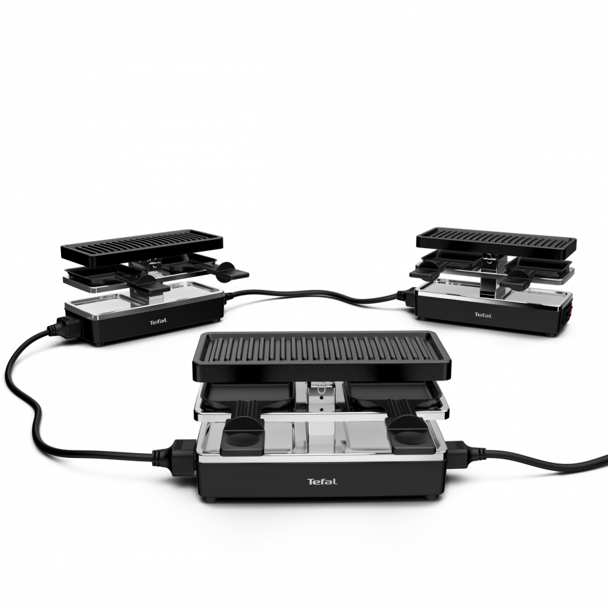 Grill raclette Tefal noir, avec trois unités connectées. Chaque unité a un grill.