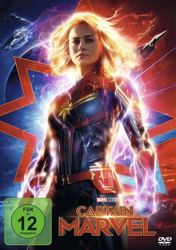 Captain Marvel DVD-Cover mit Brie Larson, Sternen und rotem/blauem Hintergrund.