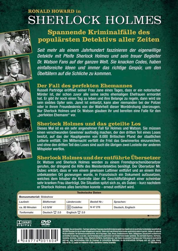Rückseite einer DVD-Hülle von Sherlock Holmes mit Text und Bildern.