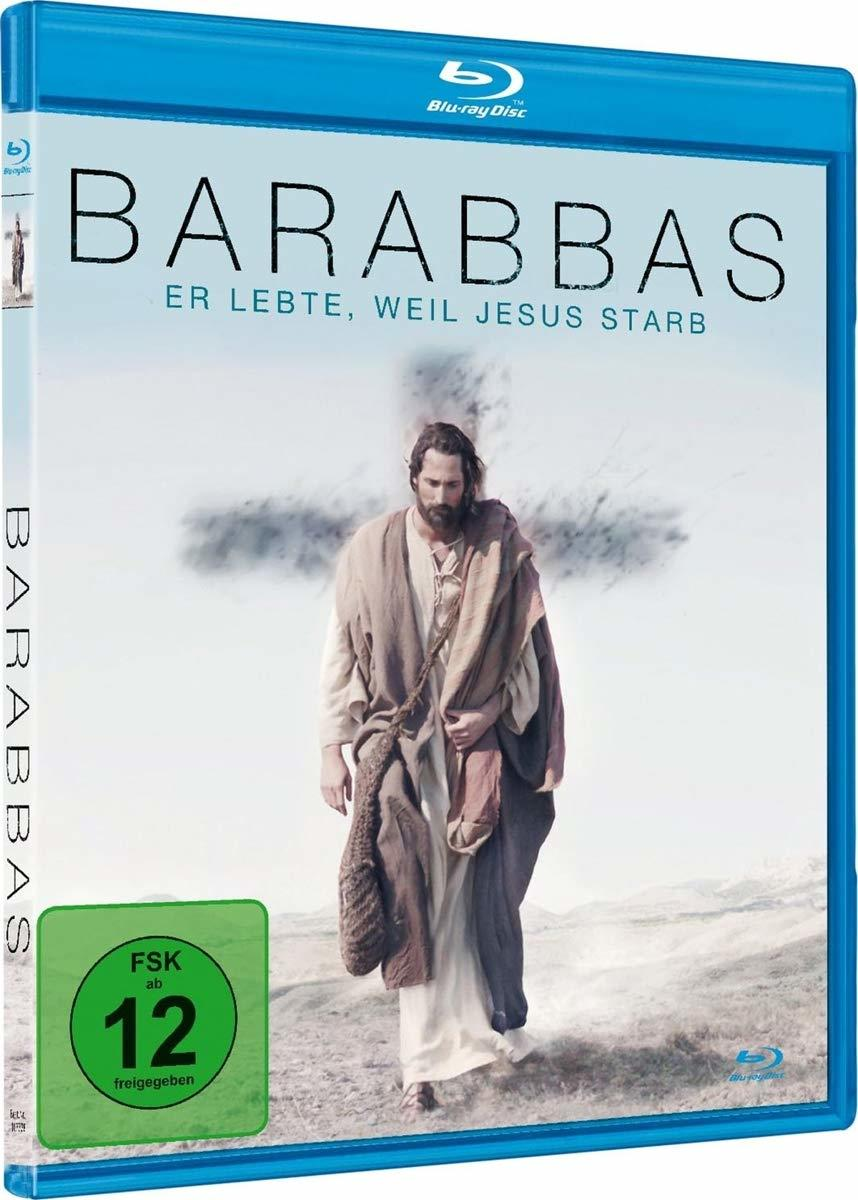 Blu-ray-Hülle von Barabbas. Ein Mann in Gewändern geht auf ein Kreuz in einem Feld zu. Blaues Gehäuse.