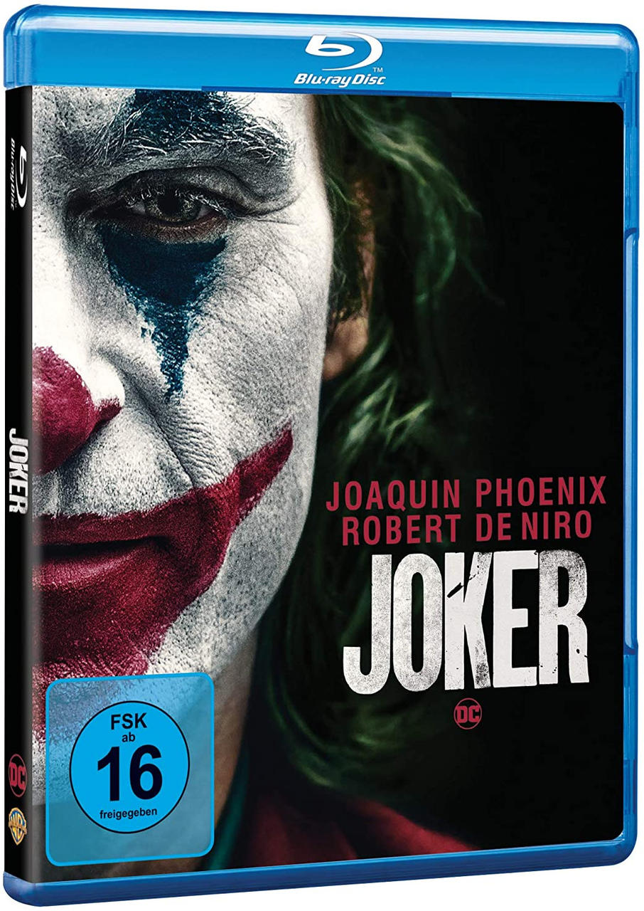 Joker Blu-ray-Hülle. Joaquin Phoenix und Robert De Niro. Dunkelblaue Hülle mit roten Details.