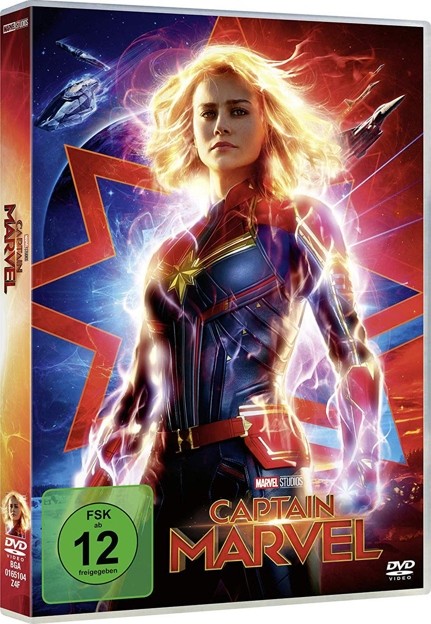 DVD-Hülle des Films Captain Marvel. Eine Frau in einem Anzug steht im Zentrum des Covers.