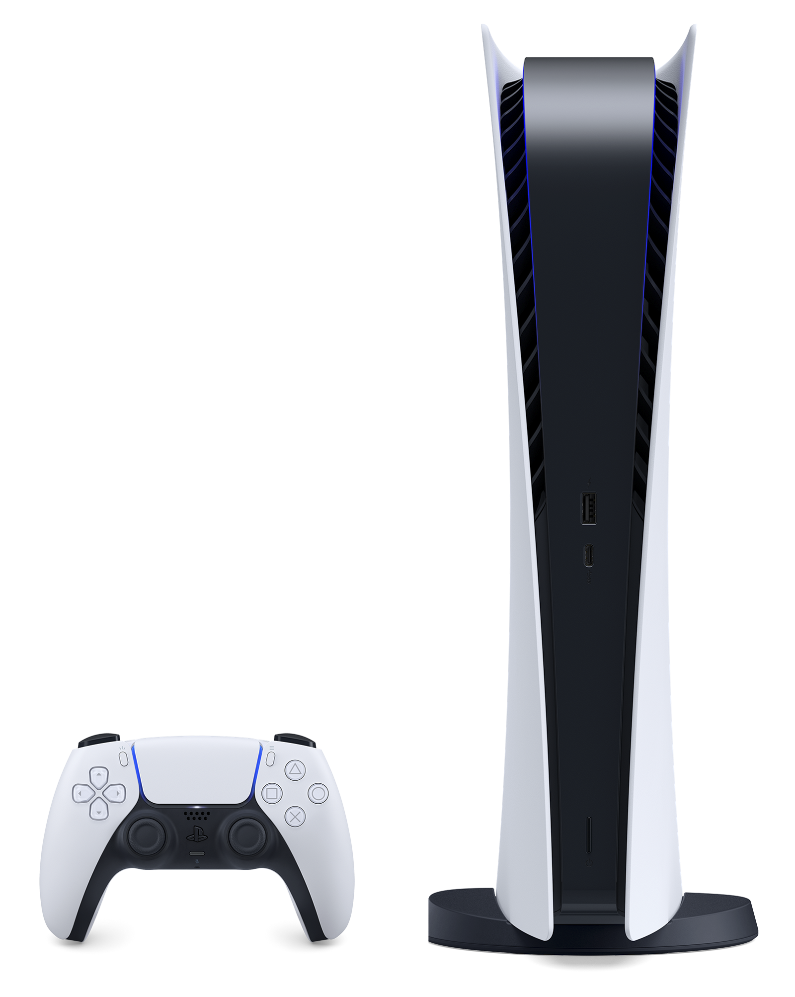 Conjunto de consola PS5 y mando sobre fondo negro.