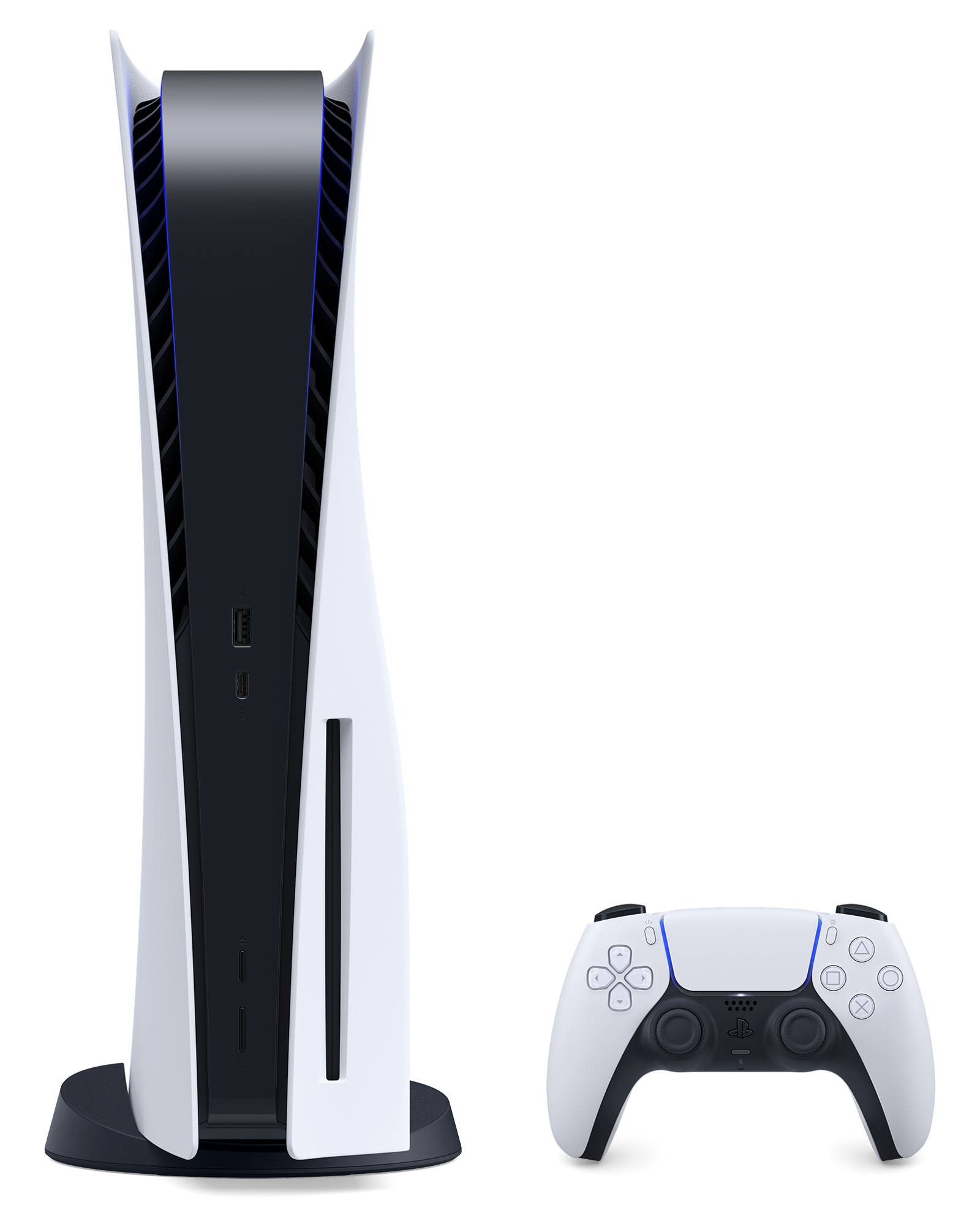 Consola y mando PS5 blancos sobre fondo negro.