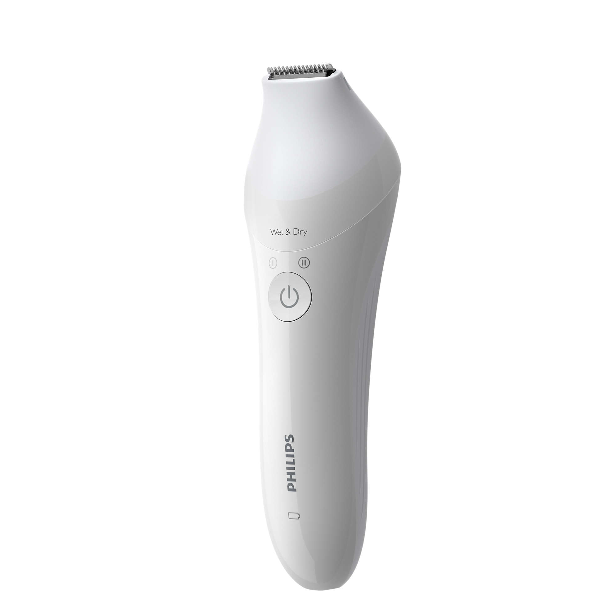 Weißer Philips Nass- und Trocken-Körperrasierer mit Ein- und Modustasten.