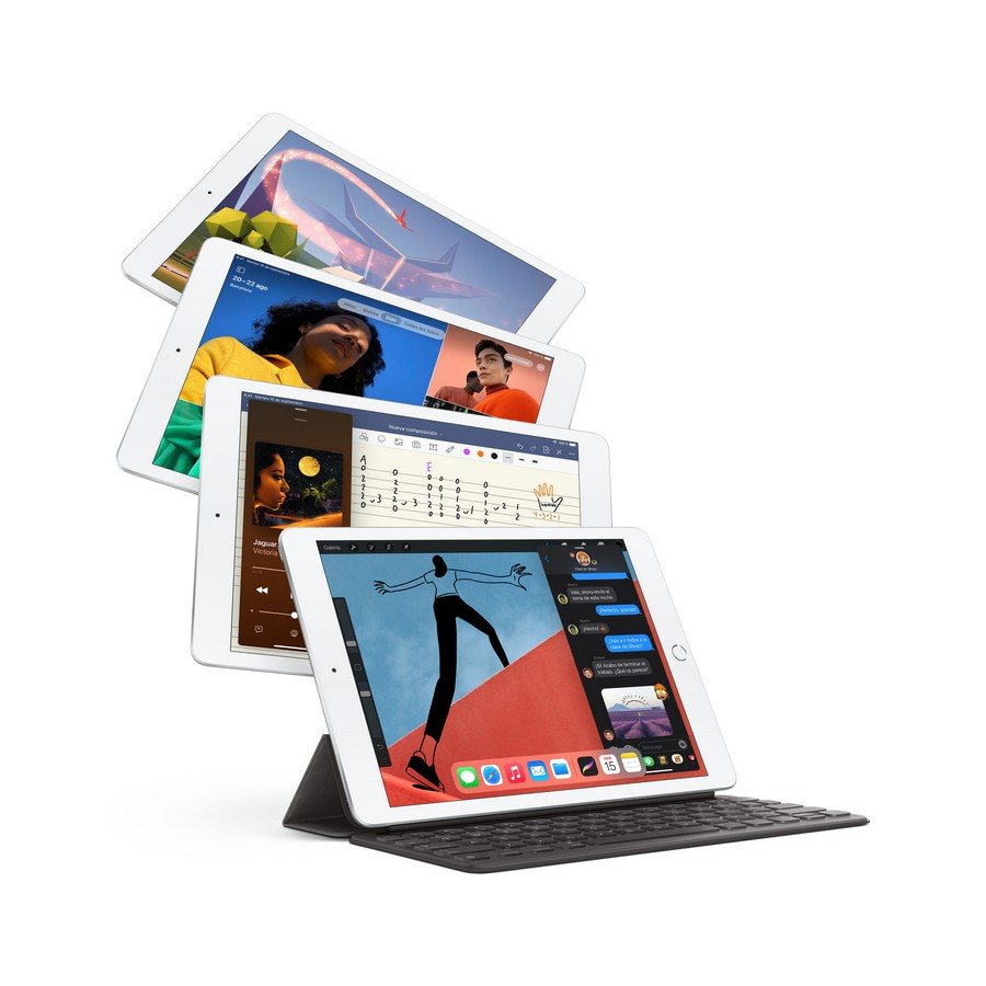 Cuatro iPads apilados, mostrando diferentes aplicaciones. Uno está en una funda con teclado.