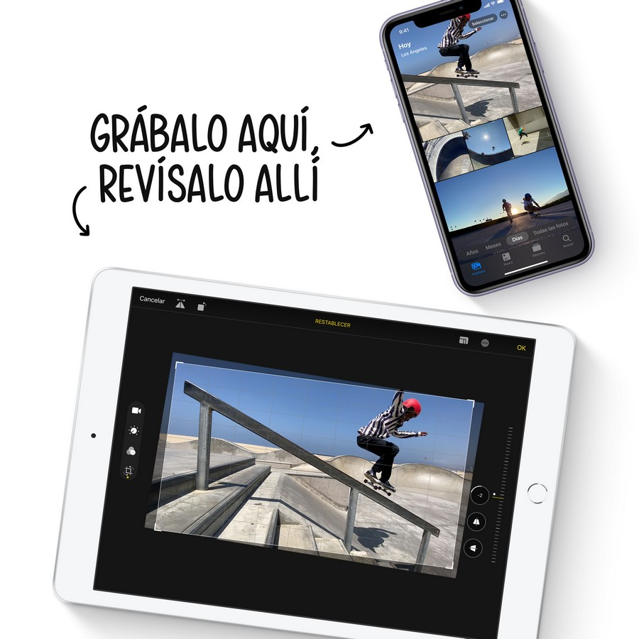 Tablet muestra skater en rampa. Teléfono muestra misma imagen. Texto: Grábalo aquí, revísalo allí.