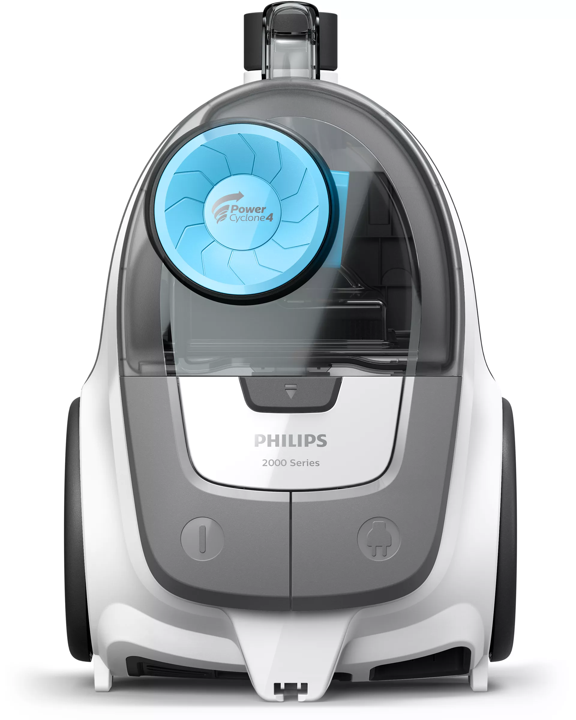 Fehér és szürke Philips porszívó. Kék ventilátor látható az átlátszó házon keresztül.