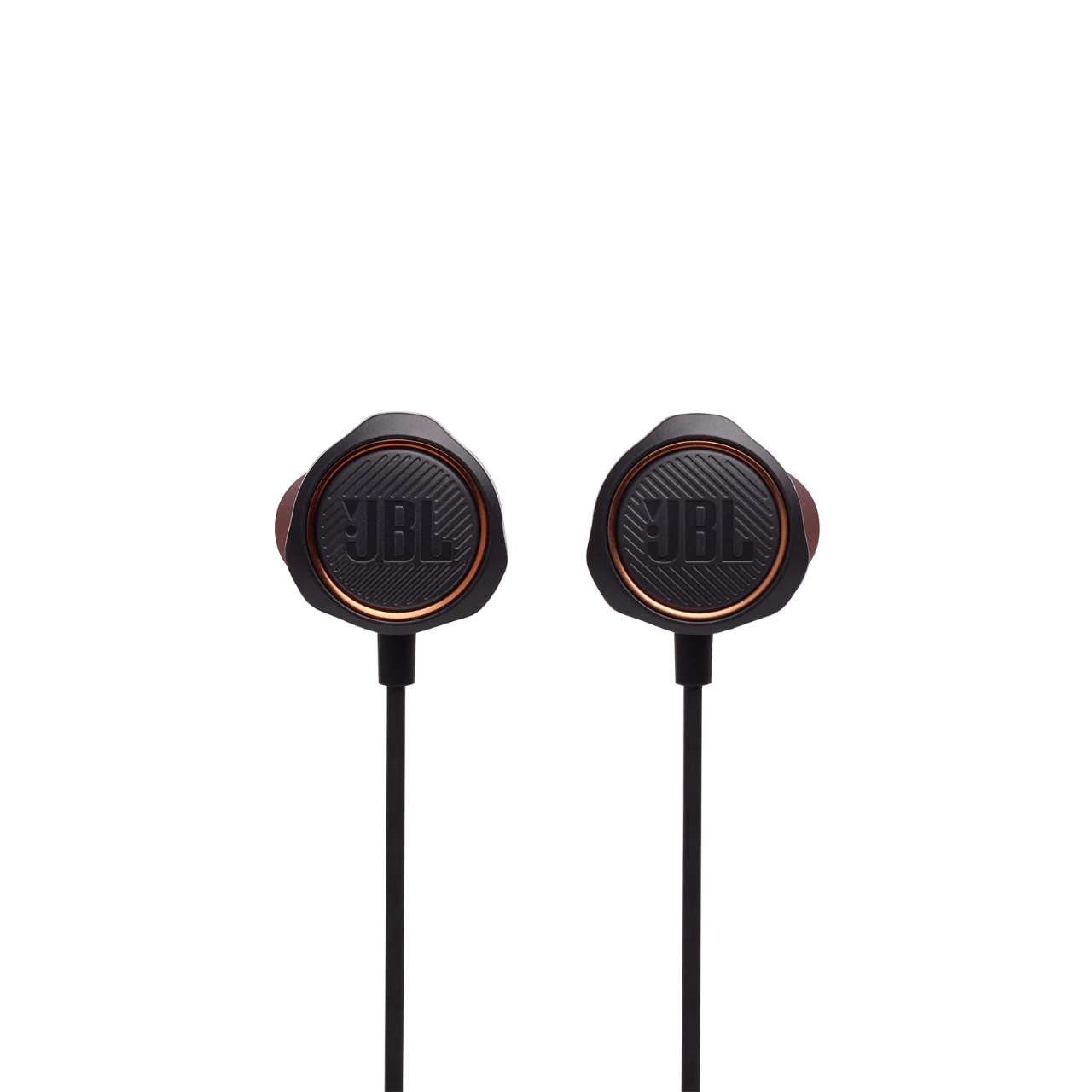 Black JBL earbuds with golden accents, black cables, isolated on a black background.