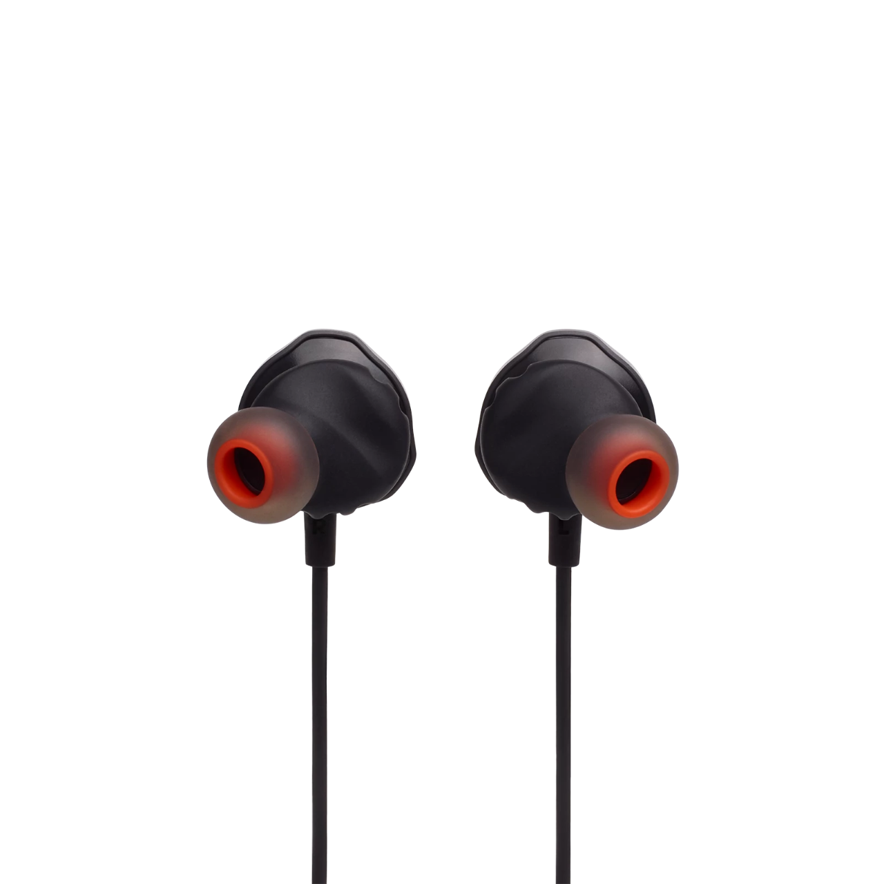 Two black earbuds with orange accents on a black background.