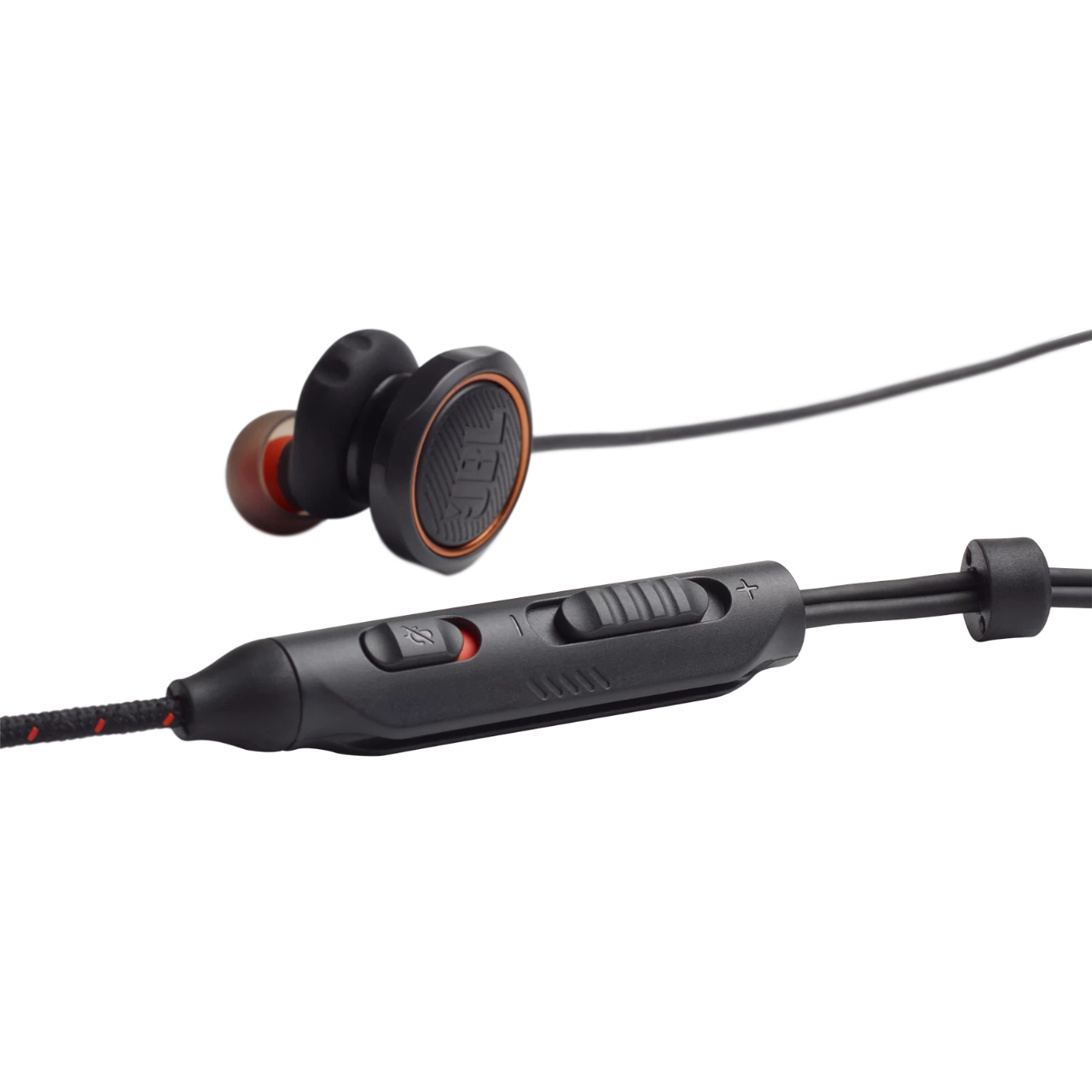JBL black and orange earbuds with a controller on a black background.