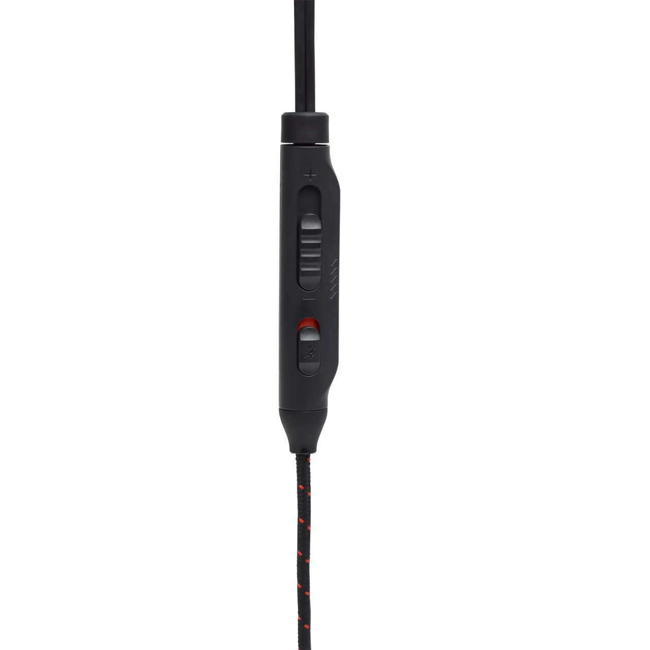 Close up of a headphone control, black with red details.