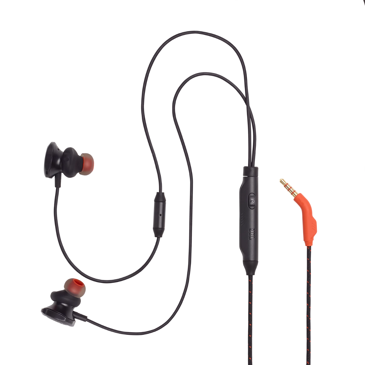 Black JBL in-ear headphones with red accents, a control module, and an orange jack, on a black background.
