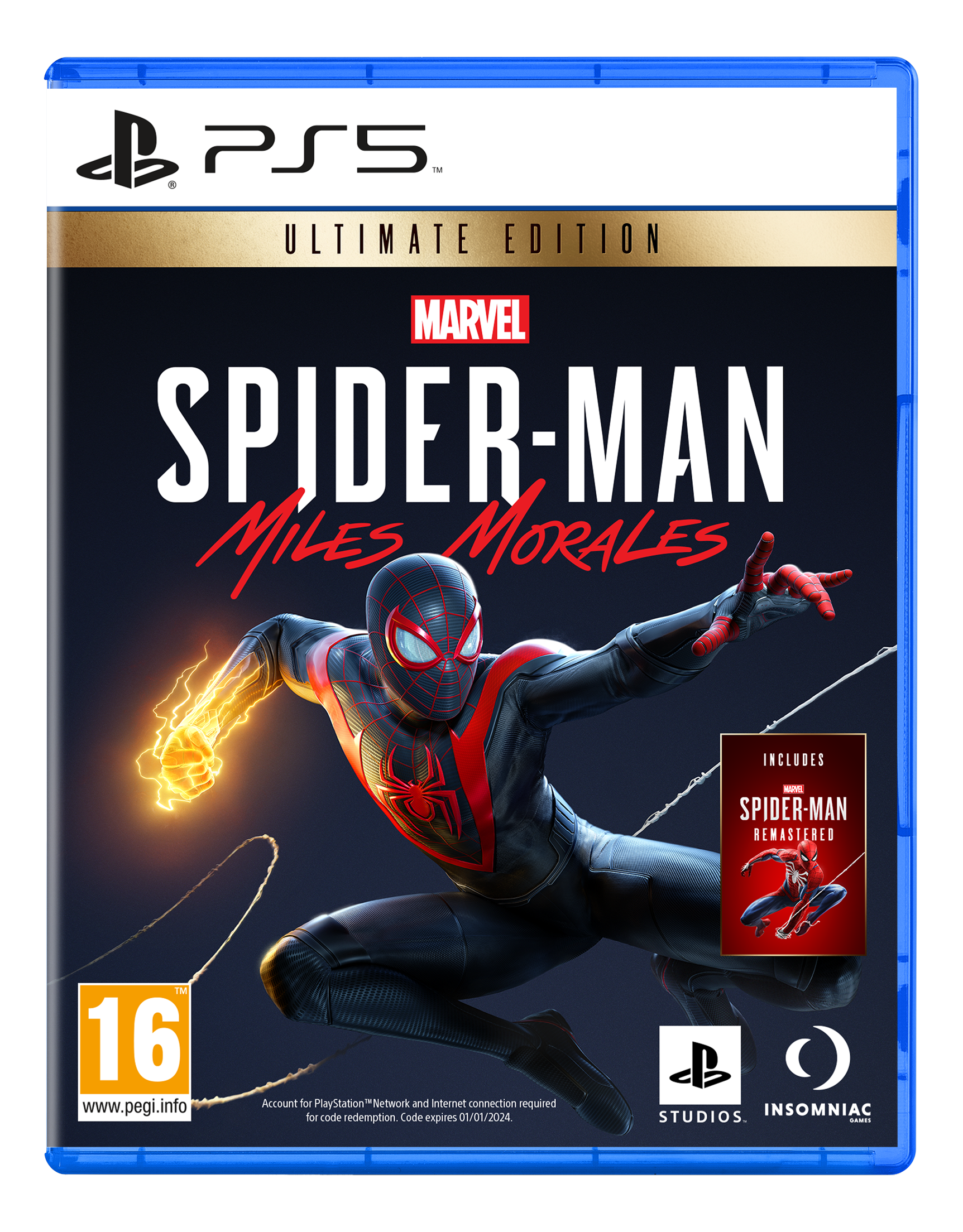 Spielcover von Spider-Man Miles Morales Ultimate Edition. Zeigt Spider-Man in Aktion mit leuchtender Faust auf einem blauen PS5-Gehäuse.