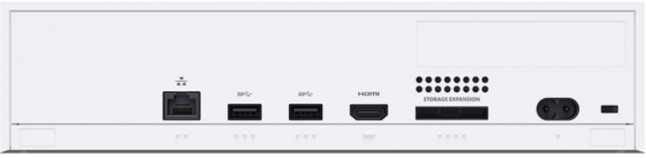 Rückansicht der weißen Spielkonsole mit Anschlüssen, einschließlich Ethernet, USB und HDMI.