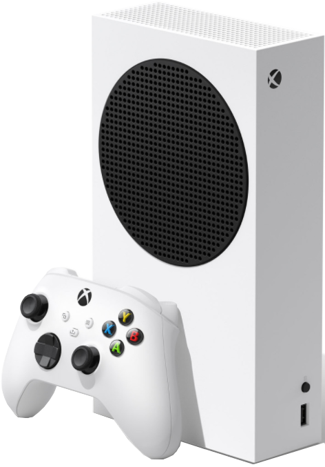 Weiße Xbox Series S Konsole neben einem weißen Controller. Der Controller hat Tasten und zwei Steuerknüppel.