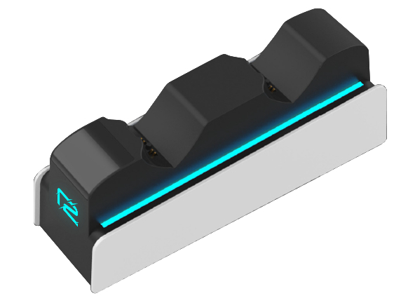 Eine schwarz-weiße Ladestation für PlayStation 5-Controller. Sie hat drei Steckplätze und ein blaues Licht.