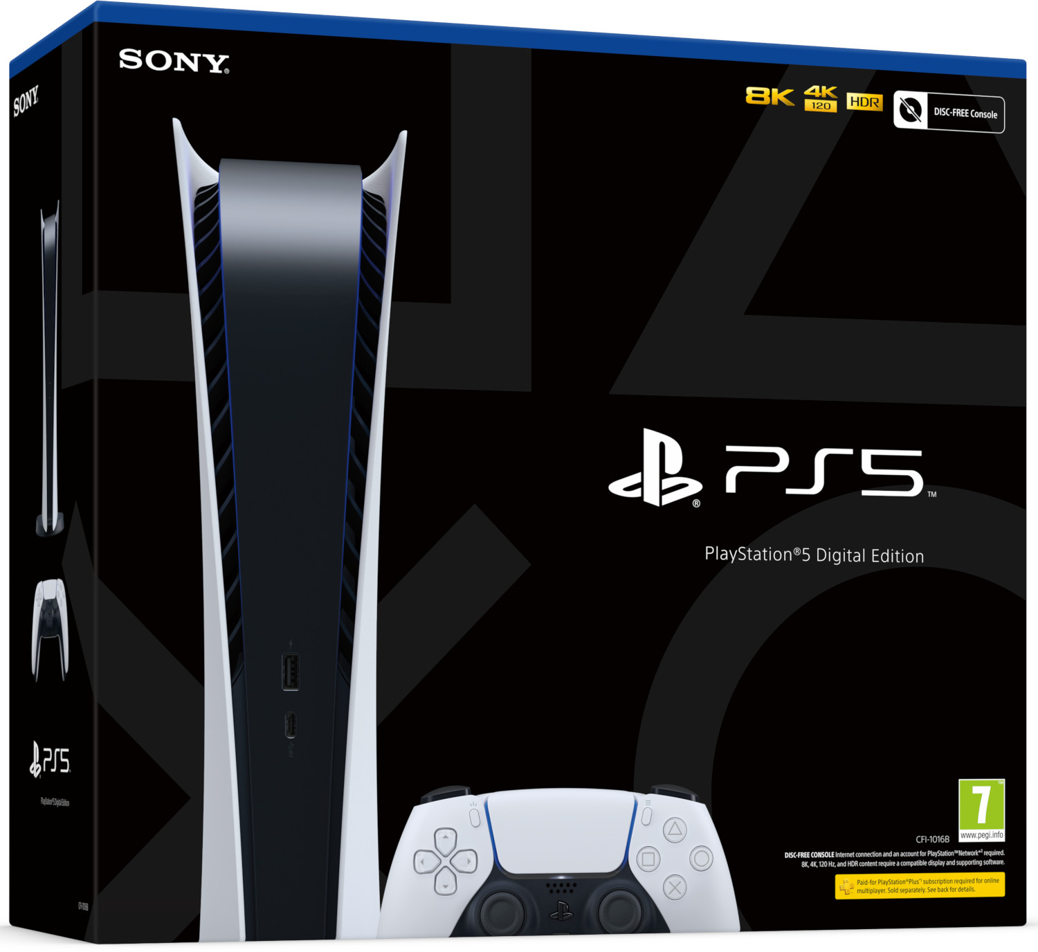 Sony PlayStation 5 Digital Edition console met controller op zwarte doos.