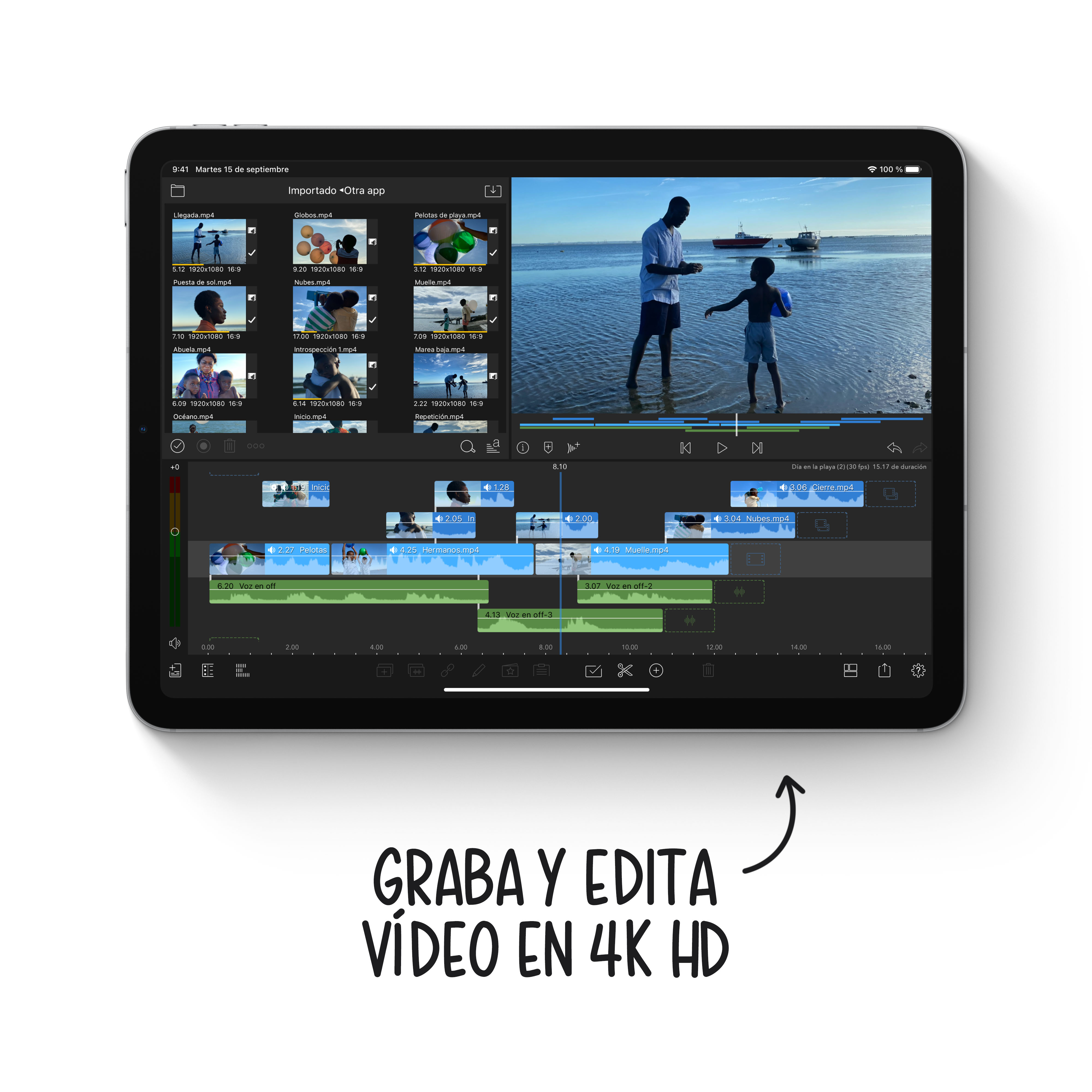Una pantalla de tableta que muestra una aplicación de edición de video.